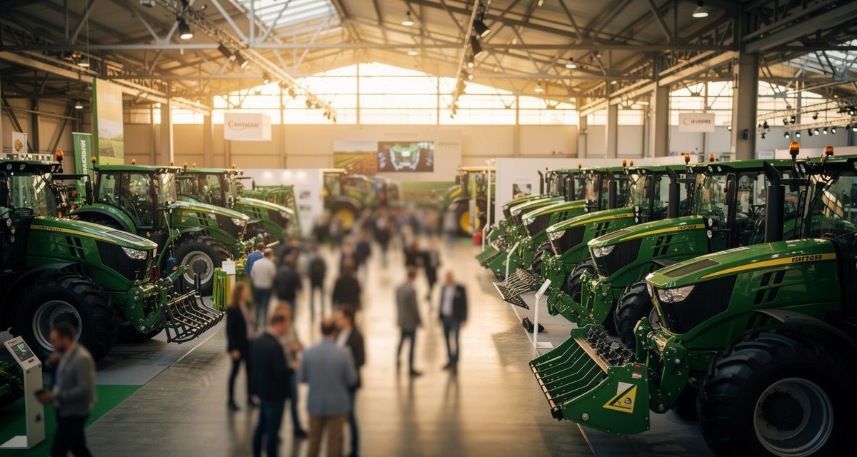 Agrar-Messekalender: moderne Traktoren und Landtechnik in einer Messehalle