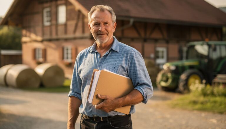 Landwirt mit Bewerbungsmappe vor Bauernhof — Bauer sucht Frau Bewerbung