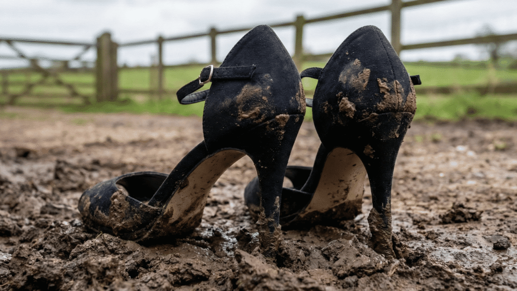 Elegante Schuhe im Matsch – Symbol für die falschen Erwartungen, wenn Bauer sucht Frau Kandidaten auf Stadt-Singles treffen.