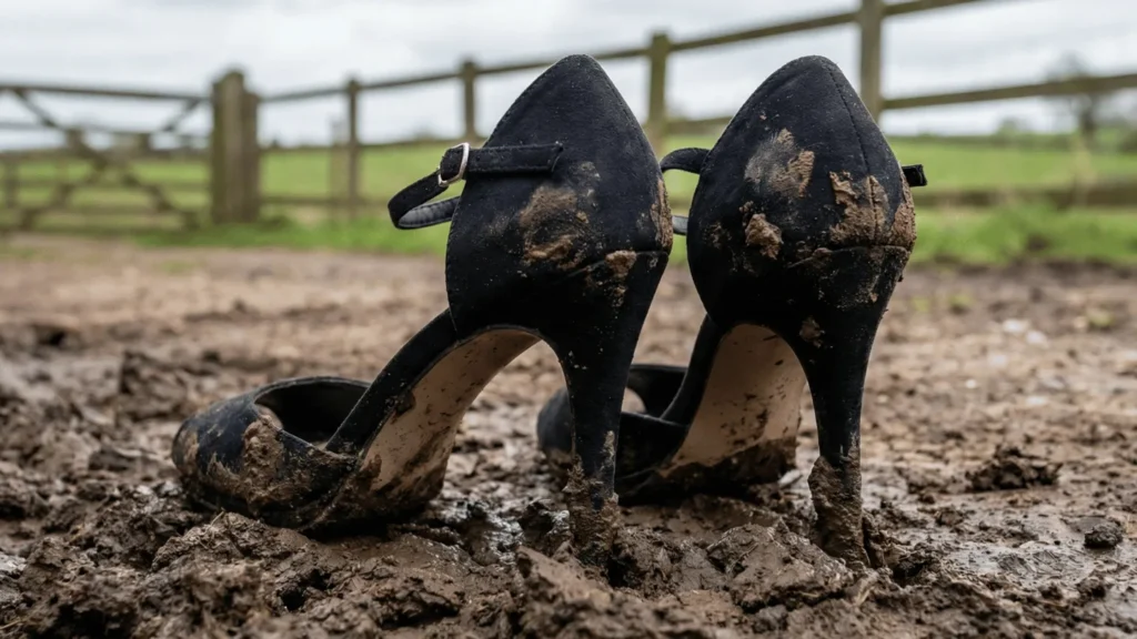 City-Schock bei Bauer sucht Frau: High Heels treffen auf Ackerboden | Elegante Schuhe im Matsch â Symbol fĂŒr die falschen Erwartungen, wenn Bauer sucht Frau Kandidaten auf Stadt-Singles treffen.