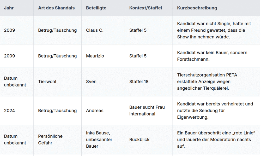 Die Bauer sucht Frau Skandal Tabelle als Übersicht