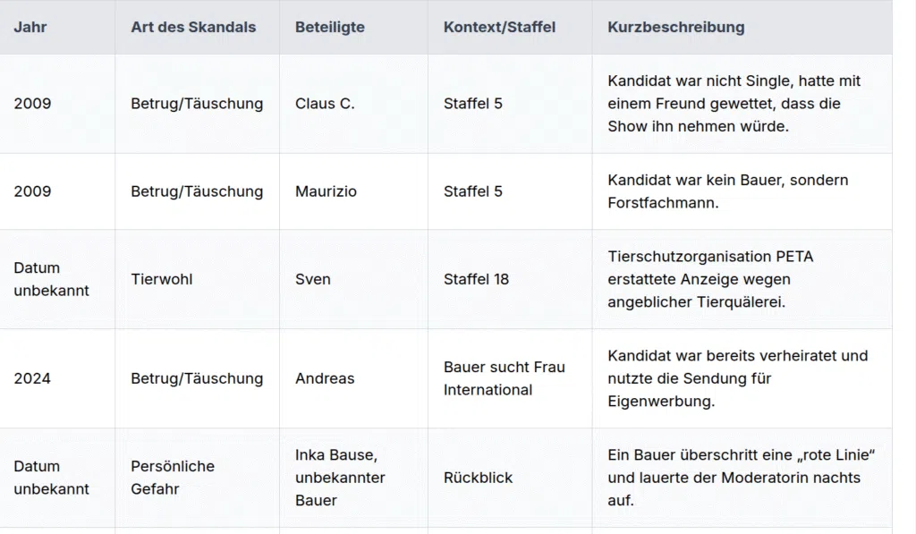 bauer-sucht-frau-skandale-tabelle-grafik | Die Bauer sucht Frau Skandal Tabelle als Übersicht