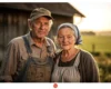 Older couple on a farm at sunset, standing arm in arm in front of a barn.