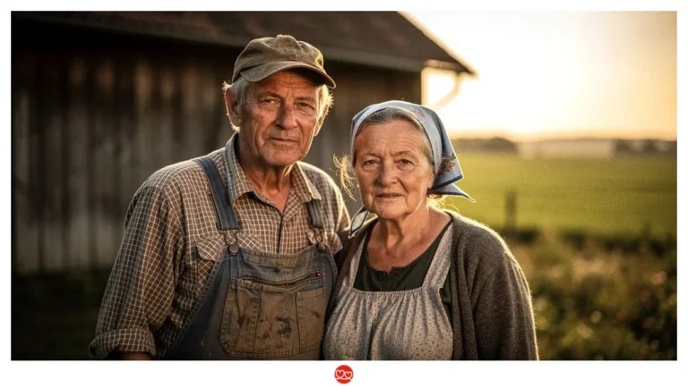 Older couple on a farm at sunset, standing arm in arm in front of a barn.