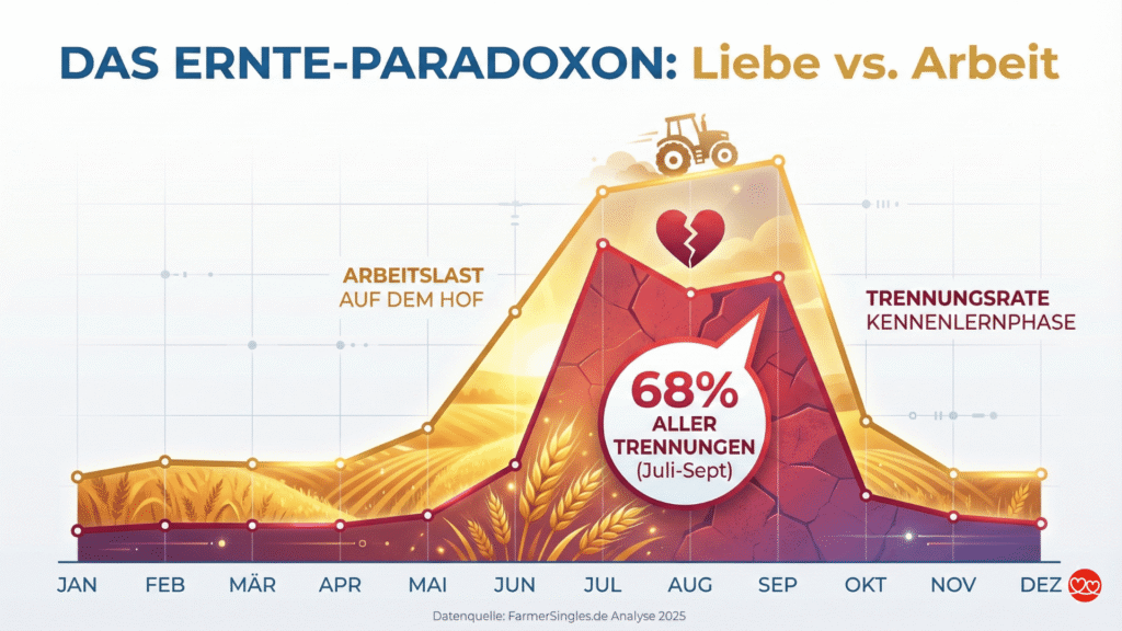 Datenvisualisierung aus dem "Landflirt-Report 2025": Diese Grafik zeigt deutlich, wie die Trennungsrate (rote Kurve) parallel zur Arbeitslast in der Erntezeit (gelbe Kurve) nach oben schießt. 68% aller Beziehungsabbrüche fallen in die Monate Juli bis September. Ein visueller Beweis dafür, dass Stress und Zeitmangel die wahren Beziehungskiller auf dem Hof sind – und nicht fehlende Liebe. (Quelle: FarmerSingles.de Analyse)