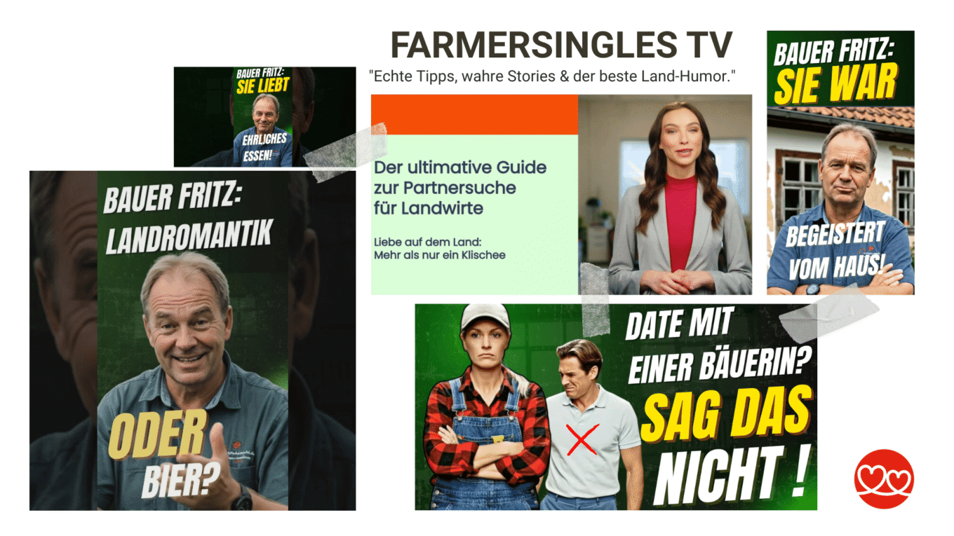 Header-Collage der FarmerSingles TV Mediathek. Zeigt Dating-Coach Leni und lustige Szenen vom Hof. Text: Echte Tipps, wahre Stories & der beste Land-Humor.