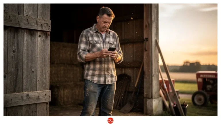 Landwirt mit Handy in der Scheunentür