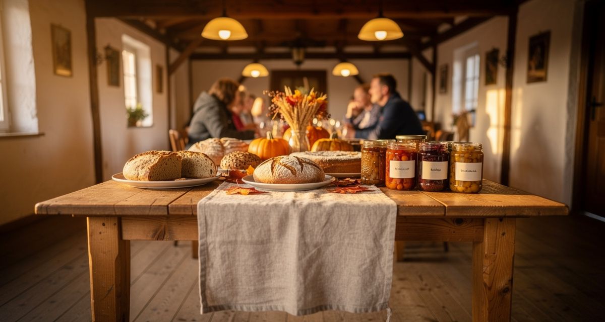 Landfrauen bei einem gemütlichen Treffen im Dorfgemeinschaftshaus mit selbstgebackenem Brot und Kuchen