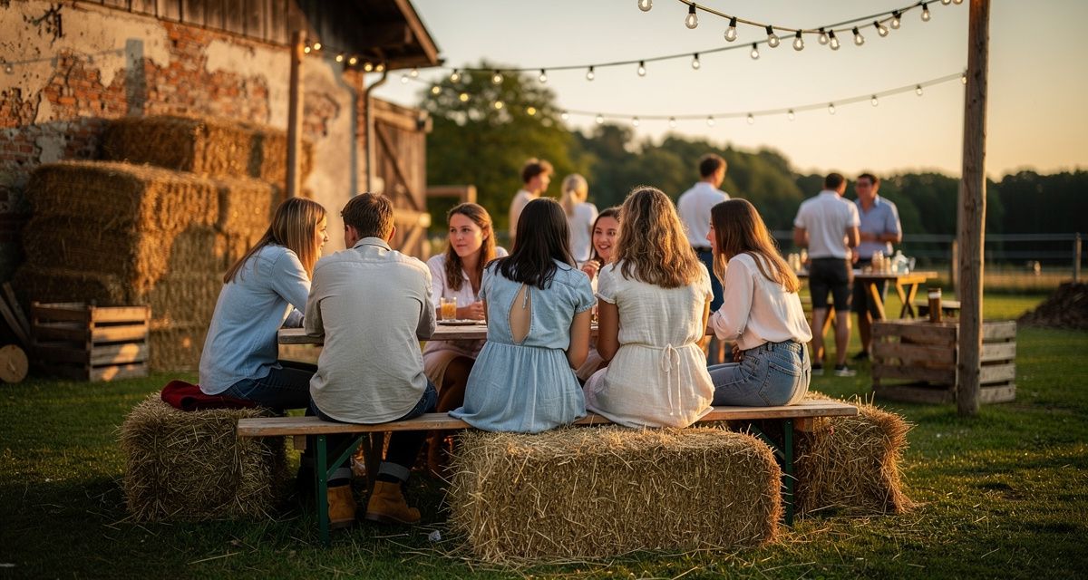 Landjugend bei einem Treffen auf dem Land mit Strohballen und Lichterketten am Sommerabend