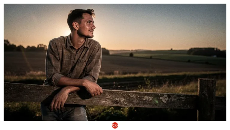 Man leaning on a weathered wooden fence at sunset in a rural field, gazing to the right.