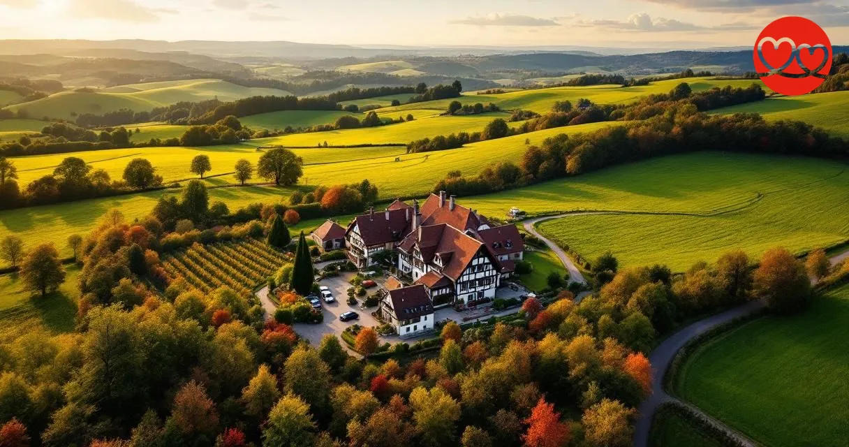 Landwirt Singles Hessen kennenlernen | Landschaft in Hessen mit Streuobstwiesen und Fachwerkhof — Heimat hessischer Landwirt Singles