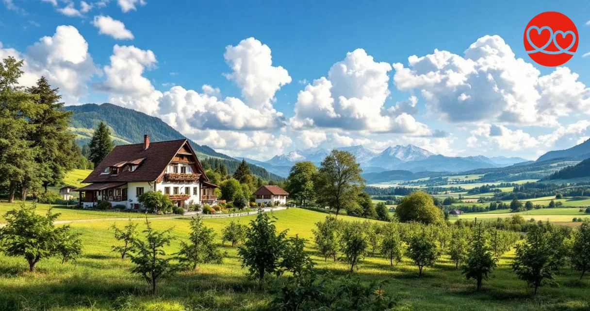 Landwirt Singles Oberösterreich | Typischer oberösterreichischer Vierkanthof mit Streuobstwiese — Heimat bodenständiger Landwirt Singles