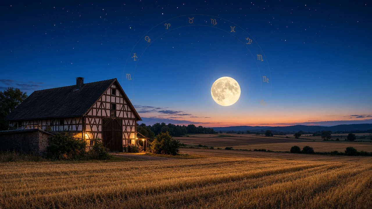 Liebeshoroskop für Landwirte Woche 44 | Fachwerkhof unter Vollmond und Sternenhimmel, Bild: KI-generiert