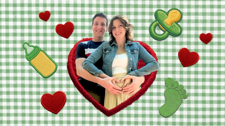 Smiling couple inside a large red heart frame on a green checkered background with baby-themed patches and hearts.