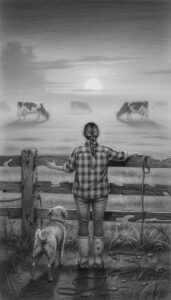 Marie vom Hof (Kohle-Illustration) steht am Zaun mit ihrem Hund, Kühe im Nebel bei Sonnenaufgang