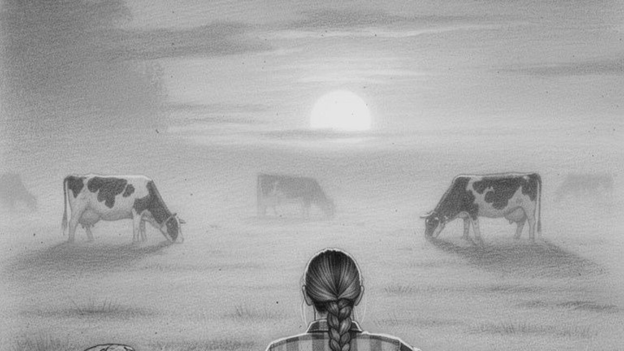 Marie vom Hof (Kohle-Illustration) steht am Zaun mit ihrem Hund, Kühe im Nebel bei Sonnenaufgang