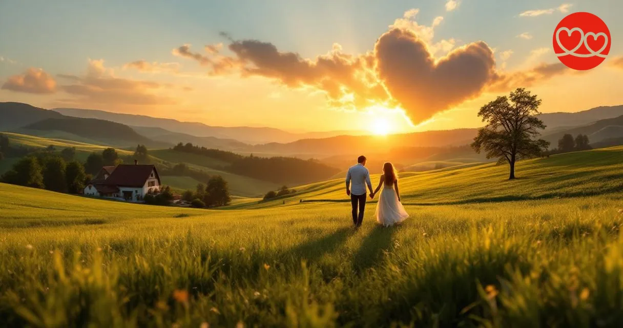 Pärchen auf grüner Wiese mit Bauernhof im Hintergrund — regionale Partnersuche für Landwirte bei FarmerSingles