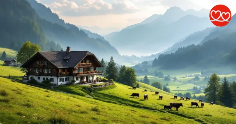 Typisches Emmentaler Bauernhaus auf grünem Hügel — Heimat schweizerischer Landwirt Singles