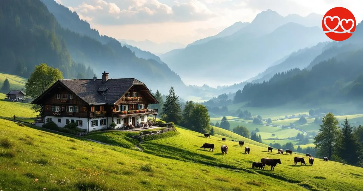 Singles Dates im Emmental Berner Mittelland | Typisches Emmentaler Bauernhaus auf grünem Hügel — Heimat schweizerischer Landwirt Singles