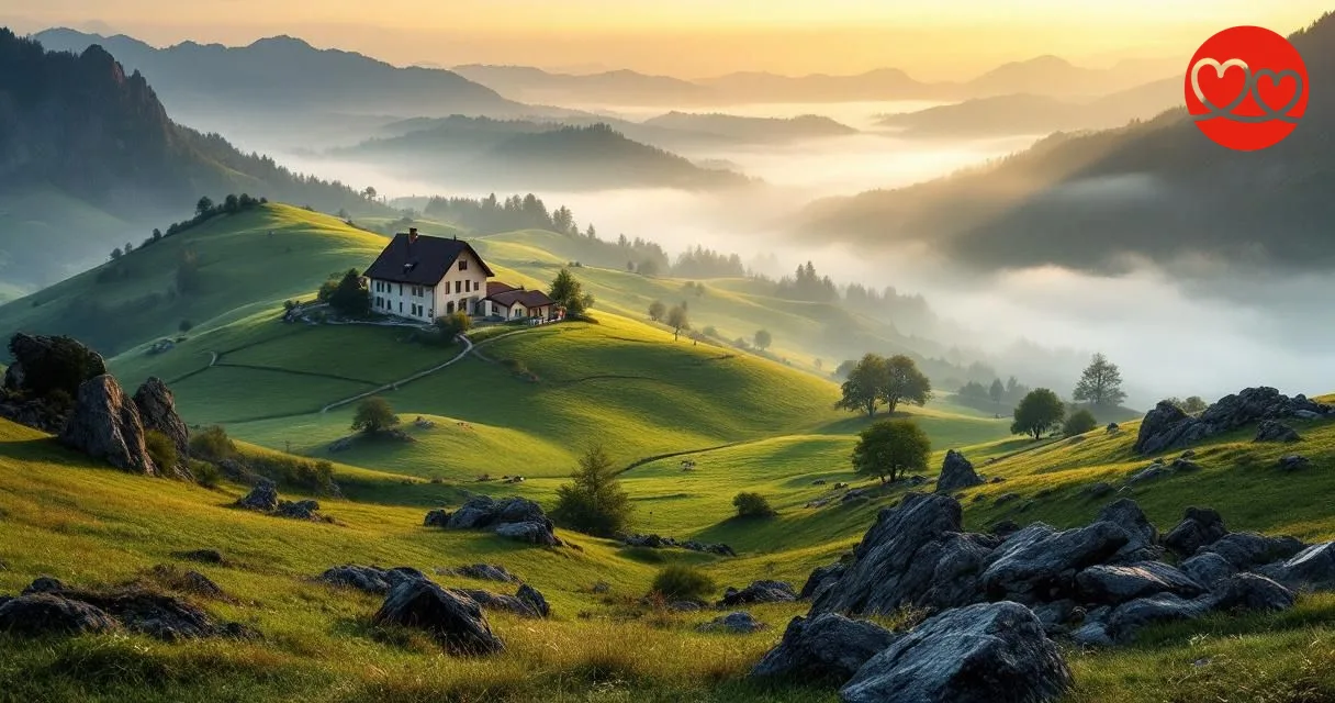 Singles Dates im Vogelsberg | Morgenstimmung über den Vulkankuppen des Vogelsbergs — Natur pur für Singles in Hessen