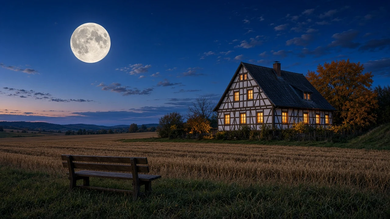 Vollmond über dem Bauernhof (KI-generiert) | Vollmond über einem Fachwerk-Bauernhaus und einem abgeernteten Feld im Herbst, davor eine Holzbank für zwei