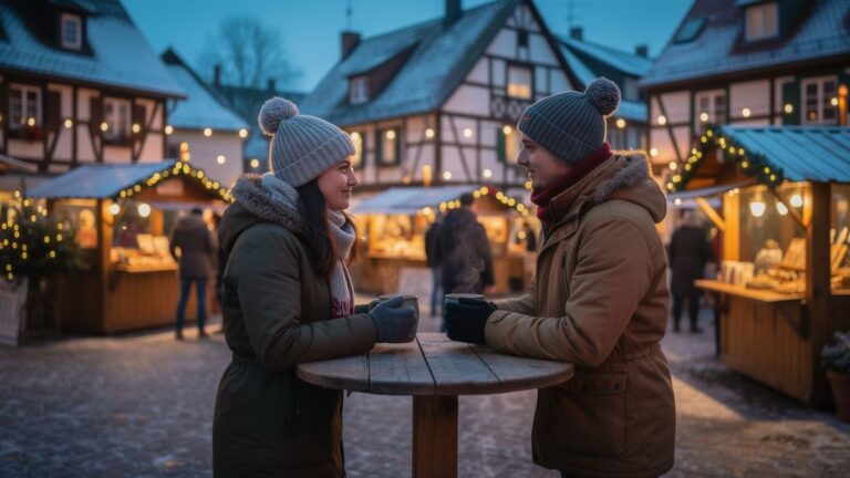 Paar mit Punsch an einem Stehtisch auf einem ländlichen Weihnachtsmarkt (KI-generiert)