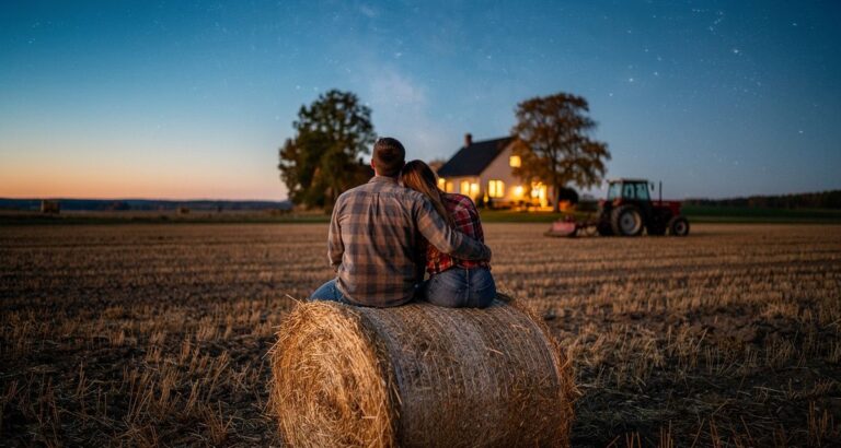 Paar sitzt abends auf einem Heuballen am Feldrand und schaut in den Sternenhimmel – Symbolbild Sternzeichen und Liebe auf dem Land