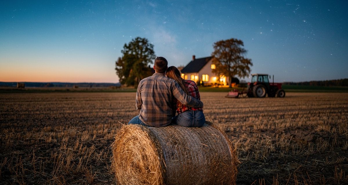 Bild: KI-generiert | Paar sitzt abends auf einem Heuballen am Feldrand und schaut in den Sternenhimmel – Symbolbild Sternzeichen und Liebe auf dem Land